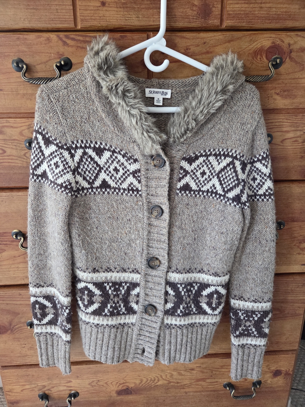 St. John's Bay Taupe & Cream Fair Isle Faux-Fur Collar Cardigan